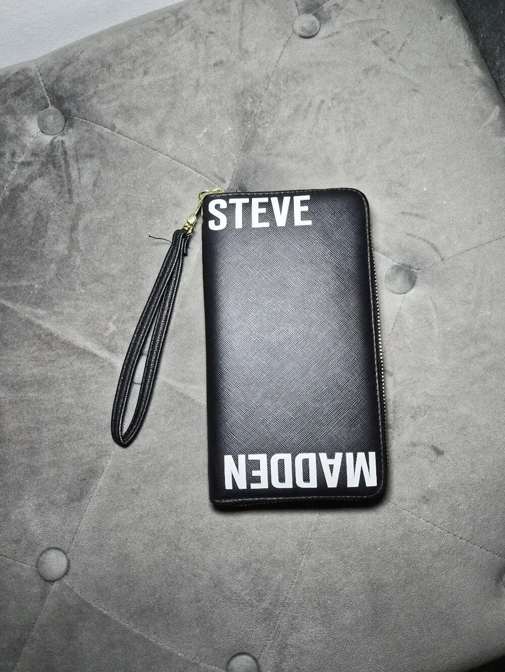 Steve Madden Black Wristlet Zip-Around Wallet with White Logo